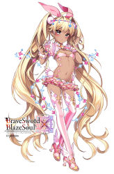 Rule 34 | 1girl, absurdly long hair, blonde hair, blush, boots, bow, bracelet, brave sword x blaze soul, copyright name, dark-skinned female, dark skin, detached sleeves, flat chest, full body, grey eyes, hair bow, hair ornament, high heels, jewelry, logo, long hair, looking at viewer, microskirt, midriff, nardack, navel, official art, parted lips, pink bow, pink thighhighs, pom pom (clothes), puffy short sleeves, puffy sleeves, short sleeves, shorts, skirt, solo, standing, striped, thigh boots, thighhighs, twintails, vertical stripes, very long hair