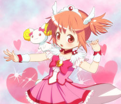 Rule 34 | 1girl, :o, bow, candy (smile precure!), candy (smile precure!) (cosplay), color connection, cosplay, crossover, cure happy, cure happy (cosplay), kaname madoka, kyubey, machico maki, magical girl, mahou shoujo madoka magica, mahou shoujo madoka magica (anime), pink bow, pink skirt, pink theme, precure, skirt, smile precure!, tiara
