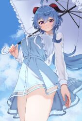 Rule 34 | 1girl, ahoge, alternate costume, bead necklace, beads, blue dress, blue hair, blue sky, breasts, closed mouth, dress, floating hair, from below, ganyu (animate) (genshin impact), ganyu (genshin impact), genshin impact, goat horns, highres, holding, holding umbrella, horns, jewelry, kadokadokado, large breasts, long hair, looking at viewer, low ponytail, necklace, purple eyes, short dress, sky, smile, solo, thighs, umbrella, very long hair
