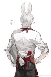 Rule 34 | 1boy, absurdres, animal ears, dante (devil may cry), devil may cry (series), devil may cry 5, highres, holding, holding tray, male focus, male playboy bunny, rabbit boy, rabbit ears, simple background, solo, tray, waiter, weibo 7054093389, white hair