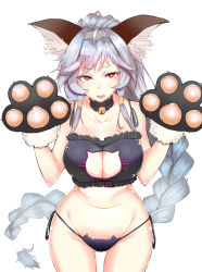 Rule 34 | 10s, 1girl, animal ears, animal hands, arms up, bell, black bra, black panties, blue hair, bra, braid, breasts, cat cutout, cat ear panties, cat lingerie, cat paws, cleavage, cleavage cutout, clothing cutout, collar, collarbone, cowboy shot, erune, gloves, granblue fantasy, hairband, heles, jingle bell, large breasts, long hair, looking at viewer, meme attire, mikan (chipstar182), navel, neck bell, open mouth, panties, paw gloves, red eyes, side-tie panties, simple background, solo, standing, thigh gap, underwear, underwear only, very long hair, white background, wide hips