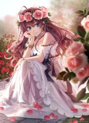 Rule 34 | 1girl, ahoge, backlighting, bare shoulders, black ribbon, blue eyes, blush, bracelet, breasts, brown hair, cleavage, commentary request, dress, earrings, flower, hagiwara rin, hair between eyes, hand on own cheek, hand on own face, head rest, head wreath, ichinose shiki, idolmaster, idolmaster cinderella girls, jewelry, long hair, looking at viewer, medium breasts, off-shoulder dress, off shoulder, petals, revision, ribbon, rose, rose petals, signature, sitting, smile, solo, sparkle, twitter username, wavy hair, white dress