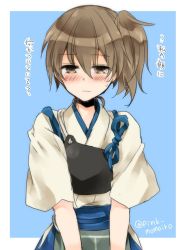Rule 34 | 10s, 1girl, blue background, blush, brown eyes, brown hair, japanese clothes, kaga (kancolle), kantai collection, looking at viewer, momoiro, muneate, side ponytail, solo, sweatdrop, translation request, twitter username