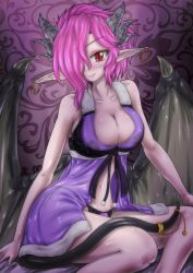 Rule 34 | 1girl, blush, breasts, cleavage, demon girl, demon horns, demon tail, demon wings, hair over one eye, highres, horns, kaname (artist), large breasts, lingerie, looking at viewer, multiple horns, negligee, nightgown, nipples, original, pink hair, pointy ears, red eyes, see-through, sitting, smile, solo, tail, underwear, underwear only, wings