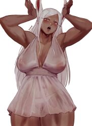 Rule 34 | 1girl, :o, absurdres, animal ears, armpits, arms up, artist name, bare arms, bare shoulders, blush, boku no hero academia, breasts, cleavage, collarbone, covered erect nipples, dark-skinned female, dark skin, dress, hands up, highres, large breasts, long eyelashes, long hair, looking at viewer, mirko, no bra, open mouth, panties, parted bangs, rabbit ears, rabbit girl, rabbit pose, red eyes, sagging breasts, see-through clothes, see-through dress, shibbunny, simple background, solo, thick thighs, thighs, toned female, underwear, very long hair, white background, white dress, white hair, white panties