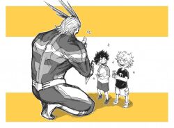 Rule 34 | 3boys, aged down, all might, bakugou katsuki, blush, bodysuit, boku no hero academia, child, commentary request, full body, greyscale with colored background, happy, holding, looking at another, male focus, midoriya izuku, monochrome, multiple boys, open mouth, shirt, shoes, short hair, short sleeves, shorts, smile, sparkle, spiked hair, standing, thumbs up, woodlanddazo