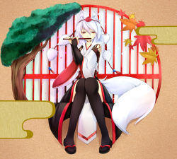 Rule 34 | 1girl, animal ears, autumn leaves, bare shoulders, black thighhighs, bridal gauntlets, detached sleeves, egasumi, flute, hat, instrument, inubashiri momiji, inyuppo, kourindou tengu costume, leaf, looking at viewer, short hair, silver hair, sitting, solo, tail, thighhighs, tokin hat, touhou, tree, wolf ears, wolf tail, yellow eyes