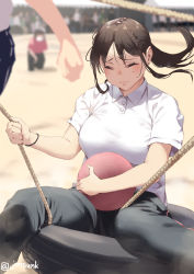 Rule 34 | 3girls, ball, black pants, blurry, blurry background, blush, breasts, brown hair, closed eyes, closed mouth, commentary request, holding, holding ball, jonsun, large breasts, mami (jonsun), mole, mole under eye, multiple girls, original, outdoors, pants, ponytail, rope, shirt, short sleeves, sitting, solo focus, twitter username, white shirt
