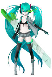 Rule 34 | 10s, 1girl, absurdres, aqua eyes, aqua hair, belt, bikini, bikini top only, black bikini, black rock shooter, black rock shooter (character), boots, elbow gloves, full body, fusion, gloves, glowing, glowing eyes, hatsune miku, headphones, headset, highres, koubyou, long hair, midriff, navel, scar, shorts, simple background, solo, spring onion, stitches, swimsuit, themed object, thighhighs, twintails, very long hair, vocaloid