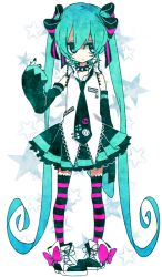Rule 34 | 1girl, aqua eyes, aqua hair, bad id, bad pixiv id, badge, button badge, collar, detached sleeves, hatsune miku, long hair, necktie, pigeon-toed, shimogu, shoes, skirt, sleeves past wrists, solo, spiked collar, spikes, star (symbol), striped clothes, striped thighhighs, thighhighs, twintails, very long hair, vocaloid