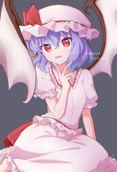 Rule 34 | 1girl, :d, bat wings, bright pupils, center frills, fang, fingernails, frills, hat, hat ribbon, highres, long fingernails, looking at viewer, mob cap, open mouth, petticoat, purple hair, red background, red eyes, red nails, red ribbon, remilia scarlet, ribbon, shirt, short hair, simple background, skirt, smile, solo, touhou, white hat, white pupils, white shirt, white skirt, wings, wrist cuffs, yamisaki (ymsk xx)