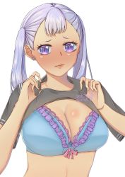 Rule 34 | 1girl, black clover, blush, breasts, embarrassed, female focus, highres, large breasts, noelle silva, purple eyes, breasts, showing off, silver hair, twintails