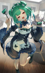 Rule 34 | 1girl, :d, absurdres, bare shoulders, black dress, black footwear, breasts, cake, cup, detached sleeves, double bun, drawing (object), dress, food, fork, full body, green hair, hair bun, hair ornament, head tilt, headband, highres, hololive, indoors, jewelry, leg up, looking at viewer, open mouth, picture frame, red eyes, religious offering, ribbon, scottie (phantom2), shoes, short hair, sidelocks, skull hair ornament, small breasts, smile, solo, standing, standing on one leg, symbol-shaped pupils, table, teacup, teapot, thighs, tray, uruha rushia, virtual youtuber, wide sleeves, window, wooden floor