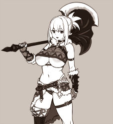 Rule 34 | 1girl, areola slip, axe, bare shoulders, belt, bracer, breasts, choker, fingerless gloves, fur trim, gloves, grey background, greyscale, holding, holding axe, houtengeki, large breasts, monochrome, navel, open mouth, original, over shoulder, pointy ears, ponytail, simple background, single thighhigh, solo, thigh strap, thighhighs, underboob, weapon, weapon over shoulder