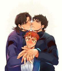 Rule 34 | 3boys, blush, brown eyes, brown hair, cross, cross necklace, dual persona, emiya shirou, fate/stay night, fate/zero, fate (series), ido (nothing679), jewelry, kotomine kirei, male focus, multiple boys, necklace, orange hair, red hair, yellow eyes