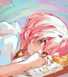 Rule 34 | 1girl, alternate hair color, blue eyes, blush, commentary, crying, crying with eyes open, desk, doki doki literature club, haha100409, head on hand, highres, looking at viewer, notes, paper, pink hair, sayori (doki doki literature club), school desk, shirt, short hair, sitting, sketch, solo, star (symbol), symbol-only commentary, tears, white shirt
