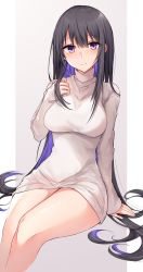 Rule 34 | 1girl, black hair, breasts, brown background, closed mouth, colored inner hair, commentary request, hair between eyes, hand up, head tilt, highres, kinona, large breasts, long hair, long sleeves, multicolored hair, original, purple eyes, purple hair, sleeves past wrists, smile, solo, sweater, turtleneck, turtleneck sweater, two-tone background, two-tone hair, very long hair, white background, white sweater