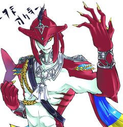 Rule 34 | 1boy, bracelet, clenched hand, feathers, fins, fish tail, gem, jewelry, looking at viewer, male focus, monster boy, muscular, nail polish, nintendo, parted lips, sanma sando, shark tail, sidon, standing, tail, the legend of zelda, the legend of zelda: breath of the wild, upper body, whistle, yellow eyes, yellow nails, zora