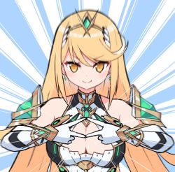 Rule 34 | 1girl, bare shoulders, blonde hair, breasts, chest jewel, cleavage, cleavage cutout, clothing cutout, dress, earrings, elbow gloves, gloves, highres, jewelry, large breasts, long hair, motion blur, mythra (xenoblade), paskmel, short dress, solo, swept bangs, tiara, very long hair, white dress, white gloves, xenoblade chronicles (series), xenoblade chronicles 2, yellow eyes