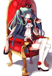 Rule 34 | 1girl, alternate costume, aqua eyes, aqua hair, bad id, bad pixiv id, boots, chair, crown, dress, flower, gloves, hair flower, hair ornament, hair ribbon, hand in own hair, hatsune miku, jacket, crossed legs, long hair, pink dress, red flower, red gloves, red rose, ribbon, rose, sitting, snake (pixiv20852572), solo, thigh boots, thighhighs, twintails, vocaloid