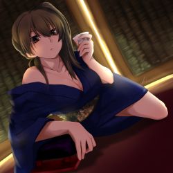 Rule 34 | 1girl, alternate costume, bad id, bad pixiv id, breasts, brown eyes, brown hair, cleavage, collarbone, cup, dutch angle, expressionless, hair between eyes, highres, japanese clothes, kaga (kancolle), kantai collection, kimono, looking at viewer, medium hair, nmz (namazu), off shoulder, sakazuki, side ponytail, signature, solo