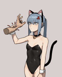 Rule 34 | 1boy, 1girl, :|, anger vein, angry, animal ears, bell, black choker, black leotard, blue hair, breasts, cat ears, cat tail, choker, closed mouth, cowboy shot, fake animal ears, fake tail, gogalking, grey background, hand up, highleg, highleg leotard, highres, holding another&#039;s wrist, jingle bell, leotard, neck bell, original, ponytail, portia (gogalking), simple background, slit pupils, small breasts, standing, strapless, strapless leotard, tail, tail raised
