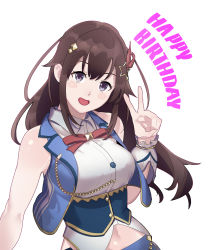 Rule 34 | 1girl, bare shoulders, blue eyes, blue vest, brown eyes, brown hair, collared shirt, commentary request, cropped vest, dress shirt, english text, hair ornament, happy birthday, highres, hololive, looking at viewer, midriff, mstm, navel, open clothes, open mouth, open vest, shirt, sleeveless, sleeveless shirt, solo, star (symbol), star hair ornament, tokino sora, tokino sora (1st costume), v, vest, virtual youtuber, white shirt, wing collar, wrist cuffs