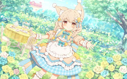 1girl animal_ear_fluff anklet apron aqua_bow bell blonde_hair blush bow braid bridal_garter brown_eyes chair closed_mouth commission cowboy_shot detached_sleeves dress dutch_angle field flower flower_field frilled_anklet garden hair_bell hair_bow hair_ornament hairclip hanamura_lily highres jewelry long_hair looking_at_viewer low_twin_braids orange_bow original outdoors outstretched_arms puffy_short_sleeves puffy_sleeves rose short_sleeves sidelocks skeb_commission smile solo star_(symbol) star_hair_ornament star_in_eye symbol_in_eye table tea_party twin_braids tyomimas variant_set white_apron