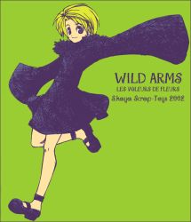 Rule 34 | 00s, 1girl, 2002, black eyes, blonde hair, copyright name, dress, flower guardian, full body, green background, long sleeves, running, shoes, short hair, simple background, skirt, smile, solo, verden, wild arms, wild arms flower thieves