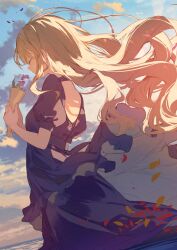 Rule 34 | 1girl, black dress, blonde hair, bouquet, closed eyes, cloud, cloudy sky, dress, dutch angle, falling petals, floating hair, flower, from side, highres, holding, holding bouquet, ocean, original, petals, puffy short sleeves, puffy sleeves, short sleeves, sky, solo, sutorora