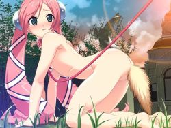 Rule 34 | 1girl, all fours, anal, anal object insertion, anal tail, animal collar, aqua eyes, ass, belt collar, blush, breasts, butt plug, censored, cloud, collar, fake tail, game cg, kuro no utahime, leash, lens flare, long hair, looking to the side, mirille fir cawdor, mosaic censoring, nude, object insertion, outdoors, pet play, pink hair, pointless censoring, public indecency, pussy, sex toy, sky, small breasts, solo, statue, tail, twintails, very long hair