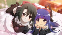 Rule 34 | 2girls, bed, bed sheet, bedroom, black hair, black thighhighs, blue hair, blunt bangs, blush, bow, closed mouth, collarbone, collared shirt, crossover, desk, furude rika, hair bow, highres, higurashi no naku koro ni, higurashi no naku koro ni mei, hime cut, kiyoura setsuna, long hair, looking at viewer, lying, medium hair, multiple girls, neckerchief, non-web source, official art, on bed, on stomach, pale skin, pillow, purple eyes, red eyes, red neckerchief, ribbon, school days, school uniform, shirt, skirt, smile, sparkle, sweater, swept bangs, tareme, thighhighs, white shirt, zettai ryouiki