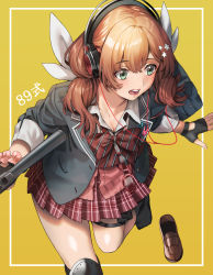 Rule 34 | 1girl, assault rifle, bad id, bad twitter id, bag, black gloves, black legwear, blazer, blush, bow, bowtie, breasts, brown footwear, brown hair, character name, cleavage, collarbone, diagonal-striped bow, diagonal-striped bowtie, diagonal-striped clothes, fingerless gloves, girls&#039; frontline, glasses, gloves, green eyes, gun, hair ornament, headphones, highres, holding, holding gun, holding weapon, howa type 89, howa type 89 (girls&#039; frontline), jacket, knee pads, long hair, medium breasts, open clothes, open mouth, outside border, pleated skirt, red skirt, rifle, sakaki rin, school uniform, scrunchie, shoe loss, shoes, simple background, skirt, solo, striped bow, striped bowtie, striped clothes, striped neckwear, thigh strap, unworn shoe, unworn shoes, weapon, wrist scrunchie, yellow background