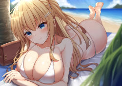 Rule 34 | 1girl, arm under breasts, ass, bag, bag charm, beach, bikini, blonde hair, blue eyes, blurry, blurry background, blush, breasts, charm (object), cleavage, closed mouth, collarbone, day, feet up, full body, hair ornament, hairclip, head tilt, highres, large breasts, long hair, lying, mole, mole on breast, ocean, on stomach, one side up, original, outdoors, ryakusun, sand, smile, solo, string bikini, swimsuit, the pose, tree, white bikini