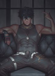 Rule 34 | 1boy, abs, absurdres, arm up, armpits, bara, belt, biceps, black hair, blue eyes, building, bulge, chain, couch, denim, fingerless gloves, gloves, highres, jeans, jewelry, looking at viewer, male focus, messy hair, muscular, muscular male, necklace, nickakito, original, pants, pectorals, room, sitting, sleeveless, smile, solo, spiked hair, spread legs, sweater, tight clothes, turtleneck, turtleneck sweater, unzipped