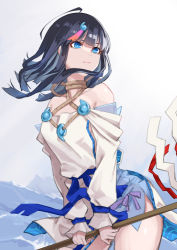Rule 34 | 1girl, bare shoulders, black hair, blue eyes, blue ribbon, blush, breasts, closed mouth, collarbone, dress, fate/grand order, fate/requiem, fate (series), jewelry, long sleeves, looking to the side, magatama, magatama hair ornament, magatama necklace, medium breasts, medium hair, multicolored hair, necklace, pelvic curtain, pink hair, polearm, puffy long sleeves, puffy sleeves, re (re 09), ribbon, short dress, sideboob, sideless outfit, solo, spear, streaked hair, thighs, utsumi erice, weapon, white dress