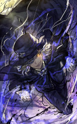 Rule 34 | 1boy, aura, black cape, black hat, black jacket, black pants, border, cape, collared shirt, edmond dantes (fate), electricity, fate/grand order, fate (series), full body, gloves, grin, hat, jacket, long sleeves, looking at viewer, male focus, mura karuki, pants, parted lips, shirt, silver hair, smile, smirk, solo, white gloves, white shirt, wing collar, yellow eyes