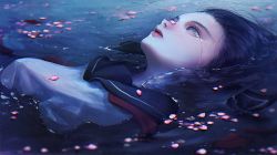 Rule 34 | 1girl, black hair, breasts, cherry blossoms, crying, eyelashes, fine art parody, from side, hair slicked back, highres, lips, long hair, looking away, neckerchief, ophelia (painting), original, parody, partially submerged, petals, red neckerchief, riz3, school uniform, serafuku, solo, streaming tears, tears, untied, upper body, water
