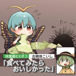 Rule 34 | 2girls, animal, antennae, aqua hair, barefoot, blouse, blush, brown background, brown eyes, butterfly wings, cabbage, dress, eating, eternity larva, fairy, flying sweatdrops, food, green dress, hair between eyes, highres, holding, holding food, holding vegetable, insect wings, komeiji koishi, kyoukei usagi, leaf, leaf on head, multicolored clothes, multicolored dress, multiple girls, shadow, shirt, short hair, short sleeves, simple background, single strap, solo focus, touhou, translation request, urchin, vegetable, wings, yellow shirt