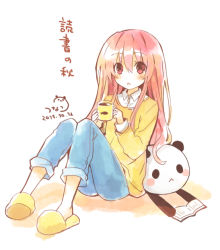 Rule 34 | 10s, 1girl, book, cup, flip-flops, long hair, looking at viewer, neptune (series), non-web source, open book, panda, reading, red eyes, red hair, sandals, shakeko (neptunia), signature, sketch, slippers, solo, text focus, tsunako