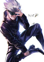 Rule 34 | 1boy, absurdres, birthday, black footwear, black jacket, black pants, blindfold, covered eyes, full body, gojou satoru, grin, hand up, high collar, highres, jacket, jujutsu kaisen, light particles, long sleeves, male focus, pants, ripod, shoes, short hair, simple background, sleeves past wrists, smile, solo, white background, white hair