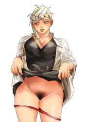 Rule 34 | 1girl, bad id, bad pixiv id, clothes lift, dress, dress lift, female pubic hair, glasses, homex, naruto (series), naruto shippuuden, open clothes, open shirt, panties, panty pull, pubic hair, shiho (naruto), shirt, solo, underwear