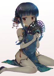 Rule 34 | 1girl, blue dress, blue hair, blunt bangs, braid, cat hair ornament, child, china dress, chinese clothes, closed mouth, commentary, covered navel, dress, elbow gloves, floral print, gloves, gold trim, hair ornament, hair ribbon, hand fan, highres, holding, holding fan, idolmaster, idolmaster cinderella girls, jitome, looking at viewer, michii yuuki, pelvic curtain, print dress, red eyes, red ribbon, ribbon, ribbon braid, sajo yukimi, shoes, simple background, sleeveless, sleeveless dress, smile, solo, tassel, thighhighs, white gloves, white thighhighs