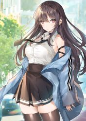 Rule 34 | 1girl, bare shoulders, black necktie, black skirt, black thighhighs, blue jacket, blurry, blurry background, blush, breasts, brown eyes, brown hair, closed mouth, collared shirt, contemporary, earrings, ero waifu, fate/grand order, fate (series), highres, jacket, jewelry, large breasts, long hair, long sleeves, looking at viewer, multiple earrings, necktie, off shoulder, open clothes, open jacket, pleated skirt, shirt, skirt, sleeveless, sleeveless shirt, solo, thighhighs, thighs, tree, white shirt, yu mei-ren (fate)