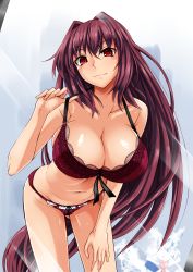 Rule 34 | 1girl, absurdres, bra, breasts, cleavage, fate/grand order, fate (series), for-u, hair intakes, highres, large breasts, leaning forward, long hair, looking at mirror, looking at viewer, mirror, navel, panties, pulling own clothes, purple hair, red bra, red eyes, red panties, scathach (fate), side-tie panties, smile, solo, strap pull, underwear, underwear only, very long hair