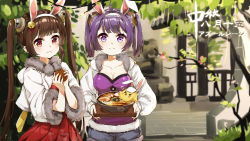Rule 34 | 2girls, animal ears, azur lane, bell, bird, blunt bangs, blurry, bow, breasts, brown eyes, brown hair, carrying, chick, cleavage, collarbone, commentary request, depth of field, fake animal ears, food, hair bell, hair bow, hair ornament, hair ribbon, hair tubes, hairband, highres, holding, holding food, long hair, looking at viewer, manjuu (azur lane), mid-autumn festival, mooncake, multiple girls, ning hai (azur lane), noodles, ping hai (azur lane), purple eyes, purple hair, rabbit ears, ramen, ribbon, sentter, sidelocks, translation request, tray, twintails
