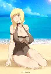 Rule 34 | 1girl, absurdres, blonde hair, blue eyes, bob cut, breasts, checkered background, cleavage, closed mouth, fishnets, frown, gluteal fold, highres, huge breasts, large areolae, naruto, naruto (series), nipples, samui (naruto), solo, standing