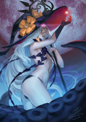Rule 34 | 1girl, abigail williams (fate), abigail williams (third ascension) (fate), black gloves, black hat, black panties, bow, breasts, commentary request, elbow gloves, fate/grand order, fate (series), full moon, gloves, hand up, hat, hat bow, long hair, looking away, moon, navel, pale skin, panties, parted bangs, purple eyes, revealing clothes, signature, single elbow glove, small breasts, solo, suction cups, tentacles, thighs, topless, underwear, very long hair, white hair, witch hat, zhoumo fangjia