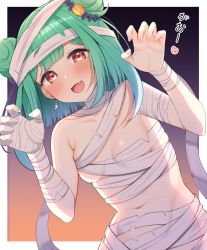 Rule 34 | 1girl, :d, absurdres, bandaged arm, bandaged hand, bandaged head, bandages, blush, breasts, claw pose, commentary, double bun, earrings, fang, green hair, hair bun, hair ornament, highres, hololive, jack-o&#039;-lantern, jack-o&#039;-lantern hair ornament, jewelry, long hair, looking at viewer, naked bandage, navel, open mouth, red eyes, skull earrings, small breasts, smile, solo, suzutarou gunsou, translation request, uruha rushia, virtual youtuber
