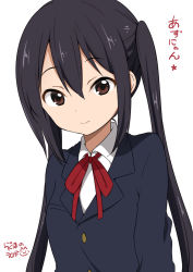 Rule 34 | 1girl, artist name, black hair, black jacket, blazer, brown eyes, closed mouth, collared shirt, hair between eyes, jacket, k-on!, long hair, looking at viewer, nakano azusa, ragho no erika, red ribbon, ribbon, school uniform, shirt, simple background, smile, solo, tareme, translated, twintails, upper body, white background, wing collar